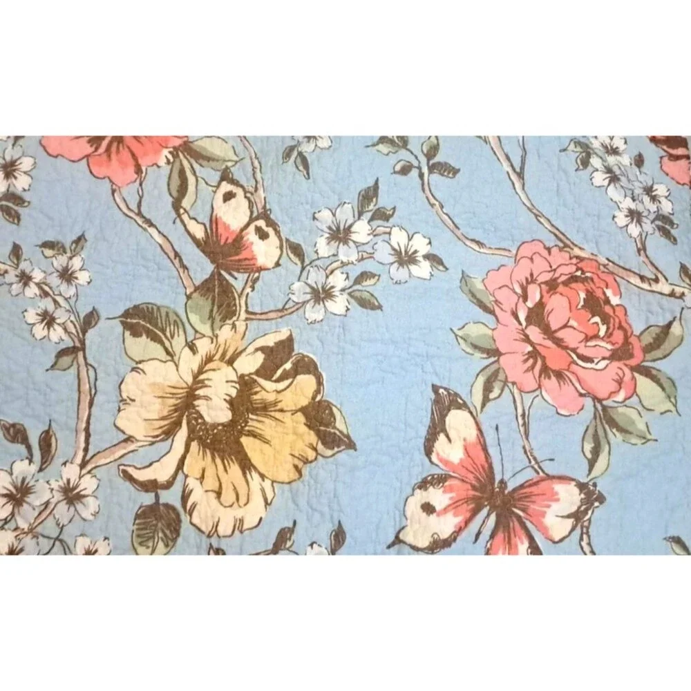 Quilted Pillow Shams Blue Pink Yellow Roses Butterfly Standard Cottage Country